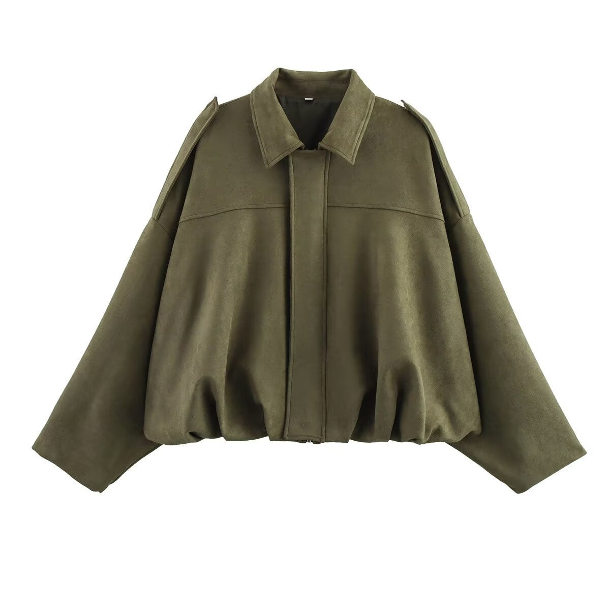 Women short cut oversized suede jacket with shoulder flaps and elastic hem Chichicherry