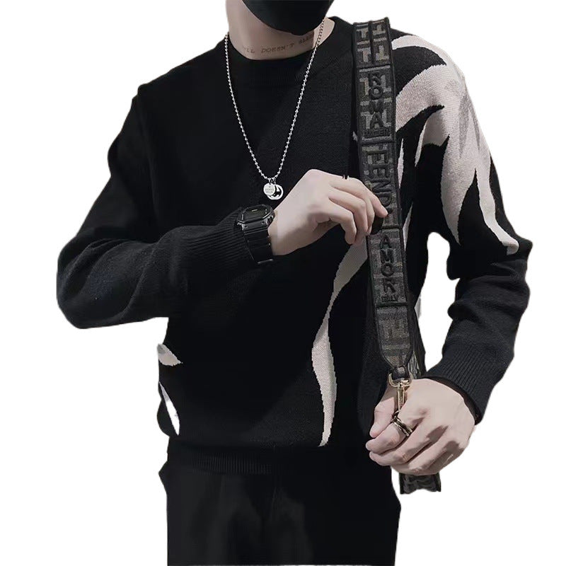 Herren Strickpullover mit abstraktem Flammen‑Jacquard und Rundhalsausschnitt Chichicherry