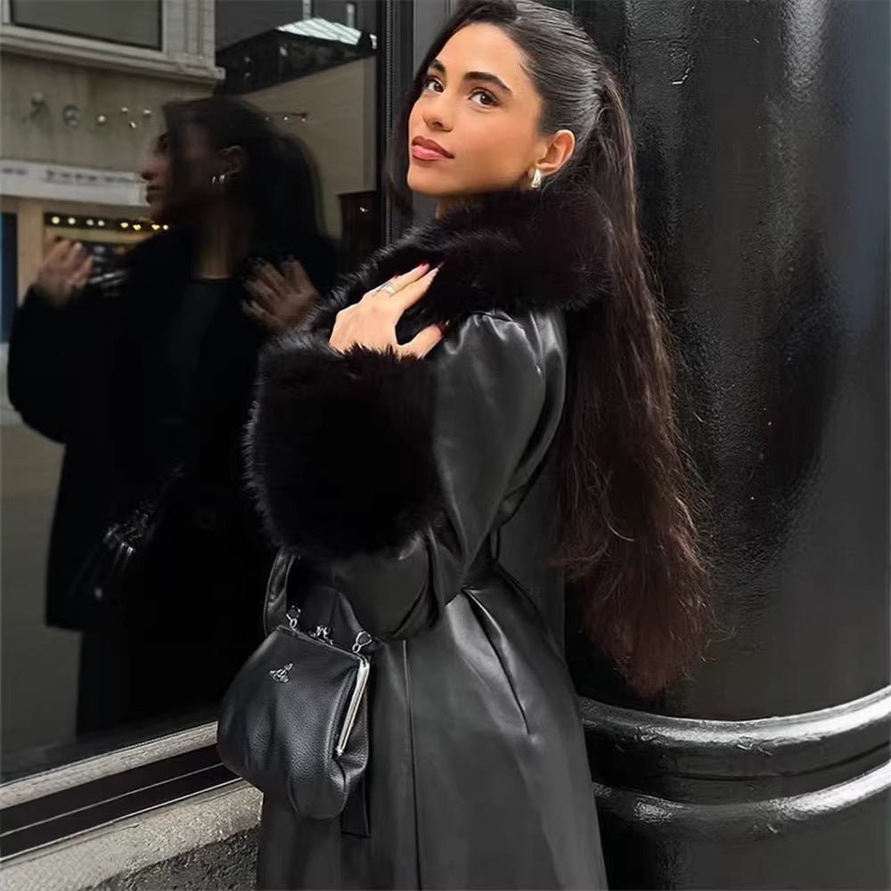 Ladies long faux leather coat with wide faux fur collar and cuffs Chichicherry