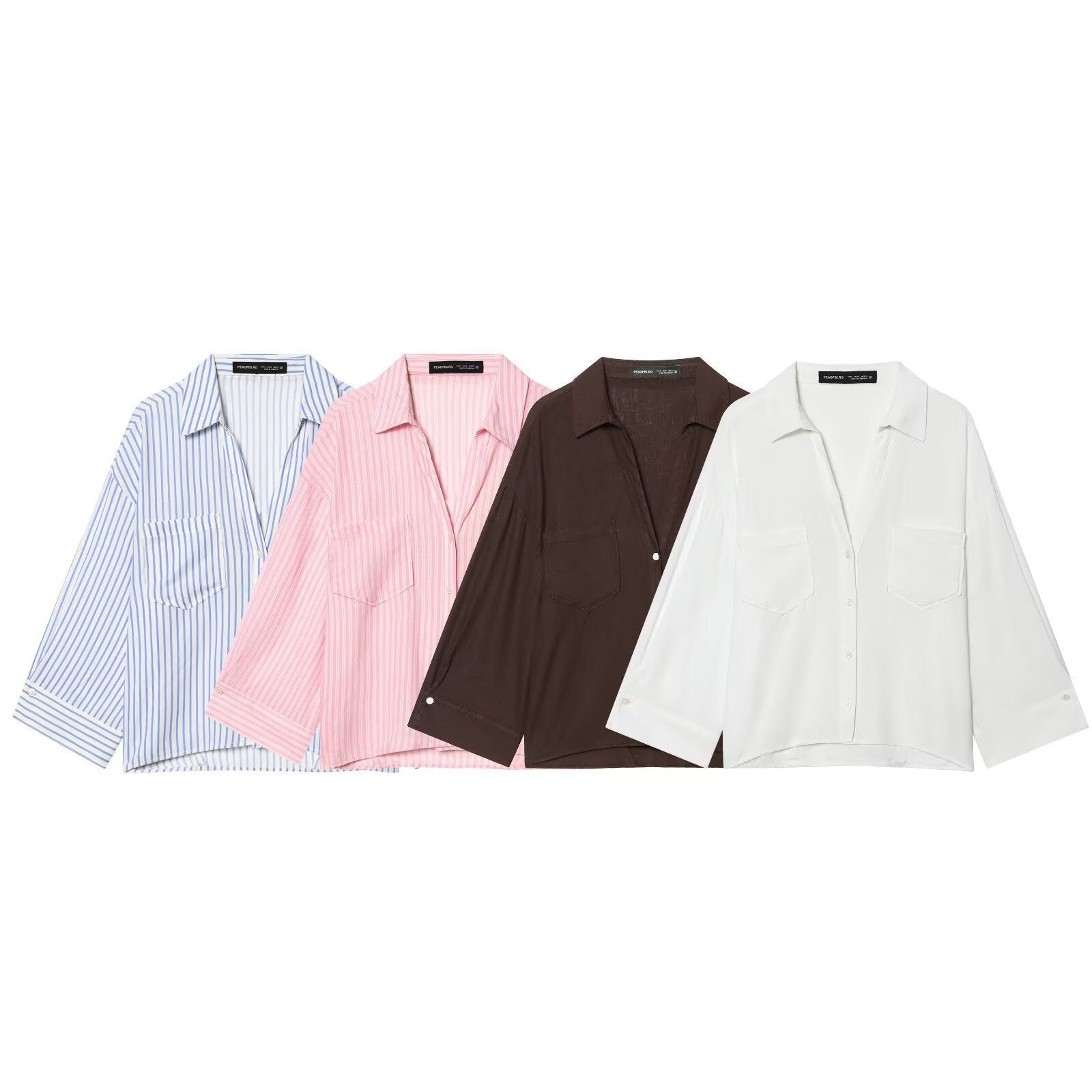 Women's Oversized Shirt Blouse with Chest Pockets, Three-Quarter Sleeves, and Curved Back Hem Chichicherry