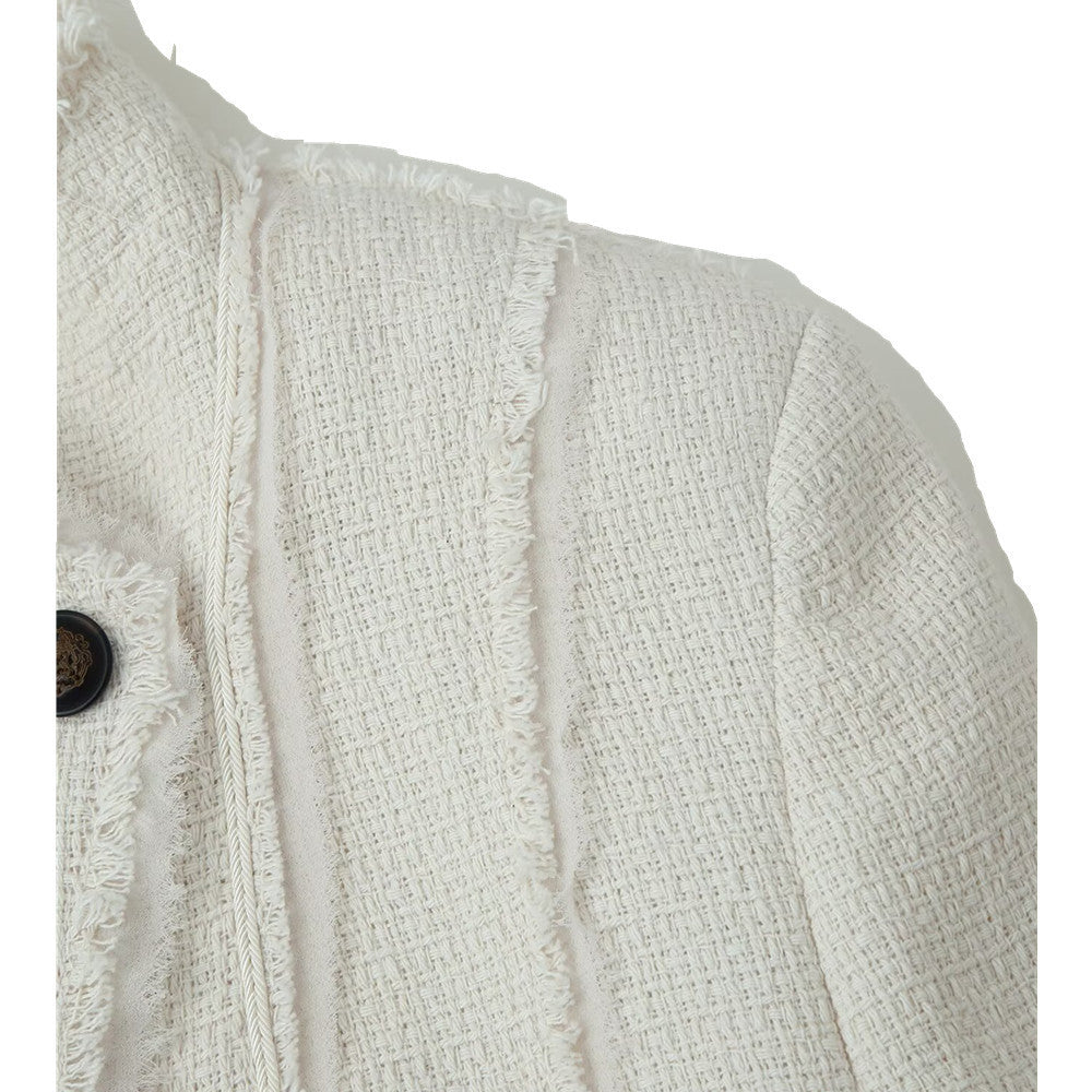 Women Boucle Blazer with Stand Collar, Asymmetrical Closure and Fringed Hem Chichicherry