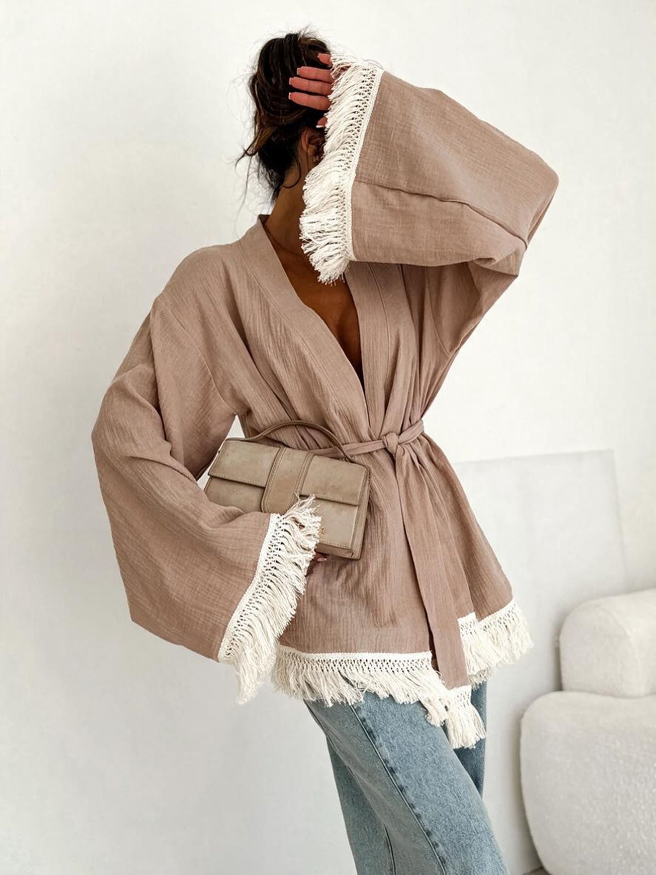 Damen Fransen-Kimono-Jacke aus Leinenoptik mit Taillengürtel Chichicherry