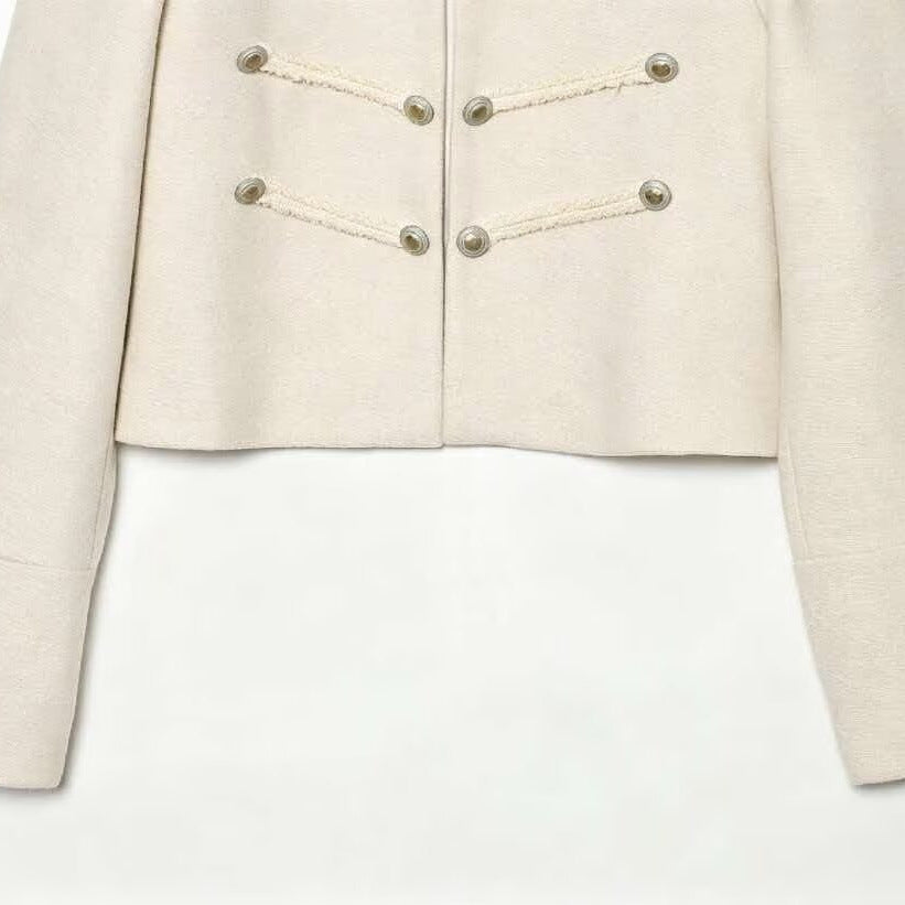 Women's short military jacket with stand-up collar, decorative cords and decorative buttons Chichicherry