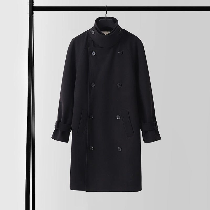 Men's Dramatically Cut Double Breasted Wool Blend Long Coat with Collar Tabs and Tie Belt Chichicherry