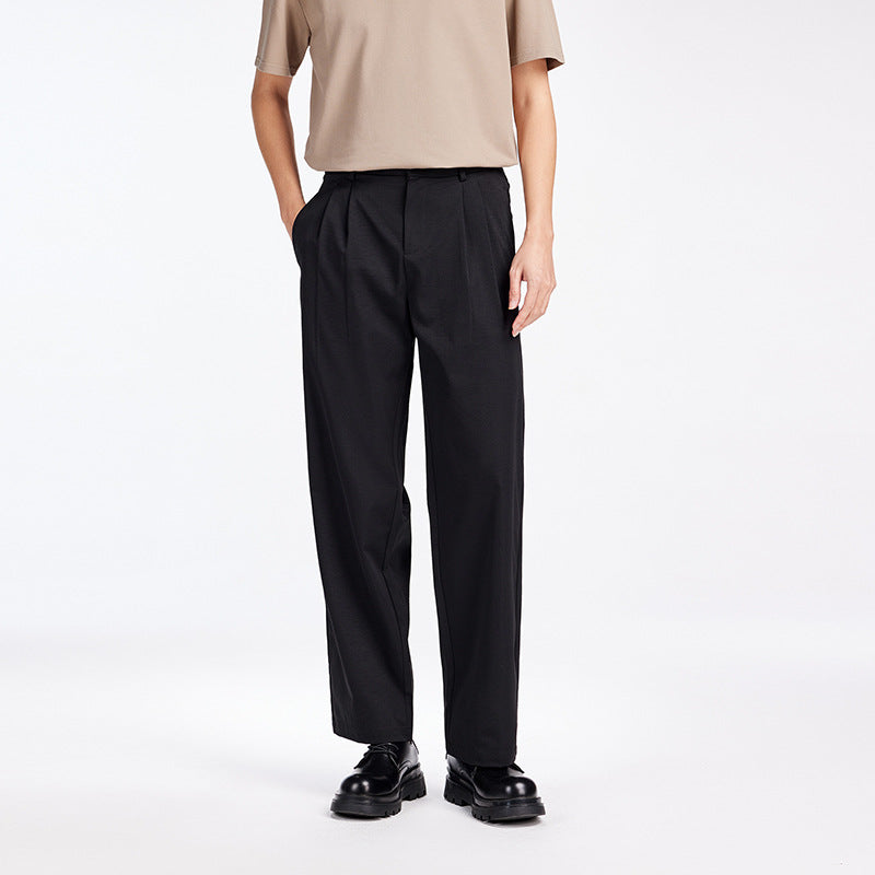 Men's Elegant Pleated Fabric Pants with High Waist, Crease and Straight Leg Chichicherry