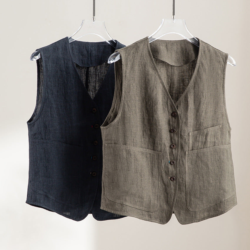 Women's Lightweight Linen Utility Look Vest with V-Neck and Large Patch Pockets Chichicherry