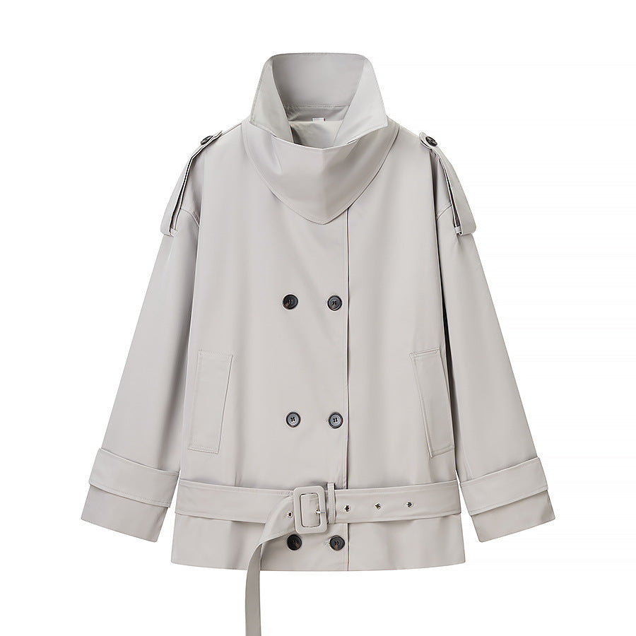 Women's short trench-style jacket with high standing collar, double-breasted front and waist belt Chichicherry