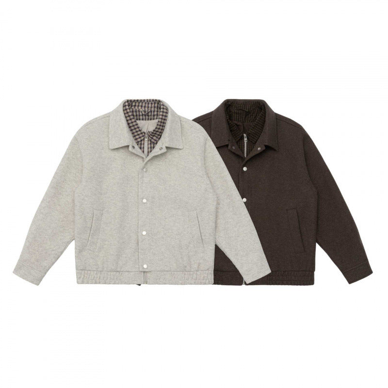 Men's short-cut wool blend field jacket with plaid inner lining and snap button placket Chichicherry