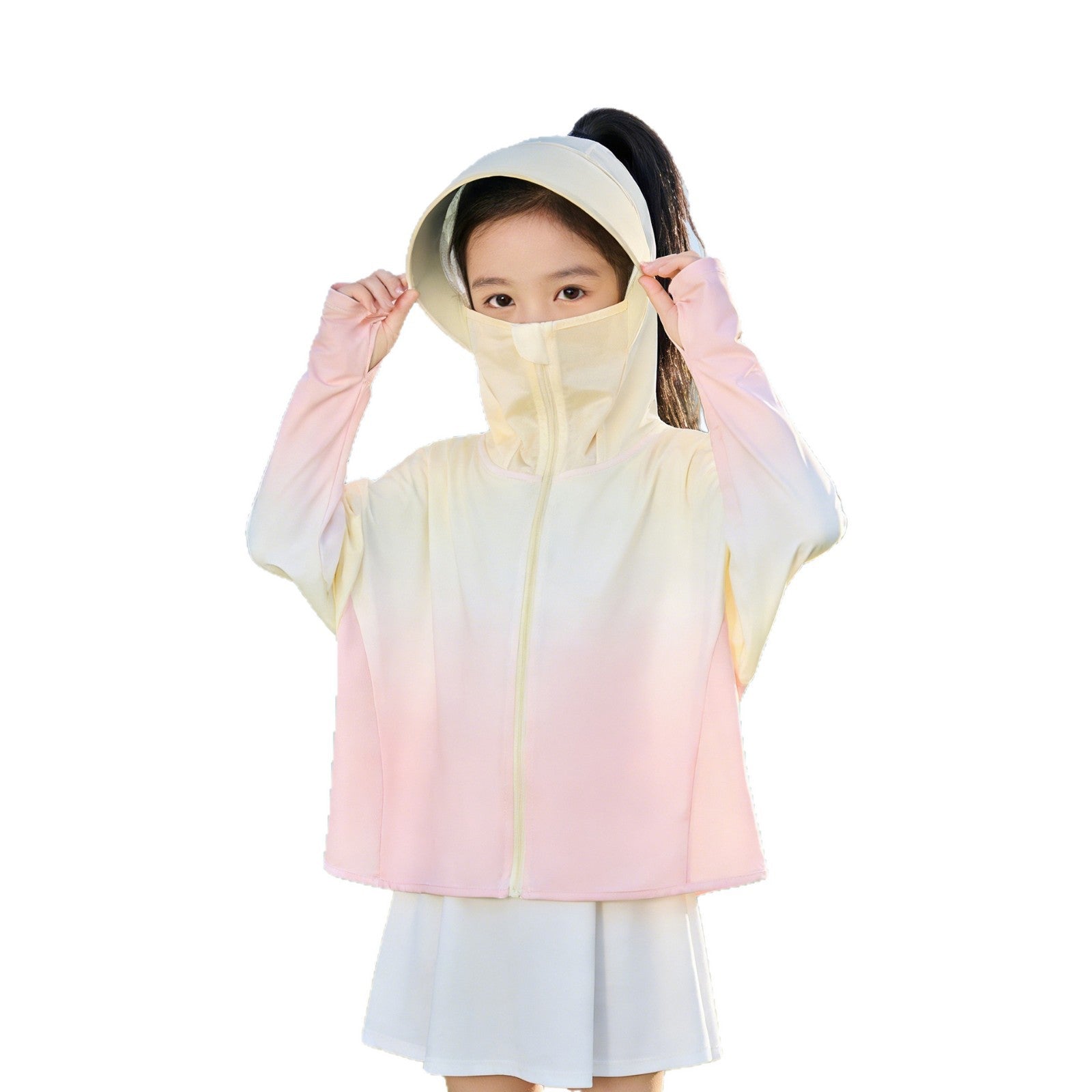 Unisex nan children's UV protection sun jacket with extended back, hood and thumb holes Chichicherry