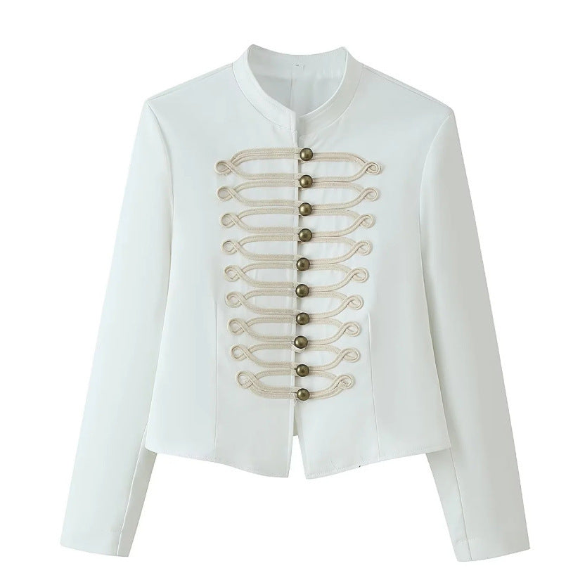 Women Military Inspired Short Stand Collar Jacket with Decorative Cords and Brass Buttons Chichicherry