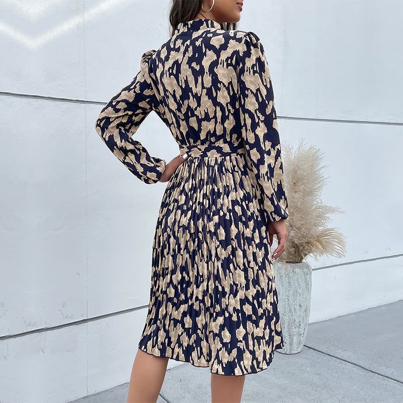 Women's Elegant Midi Dress with Pleated Skirt, V-Neck and Waist Belt Chichicherry
