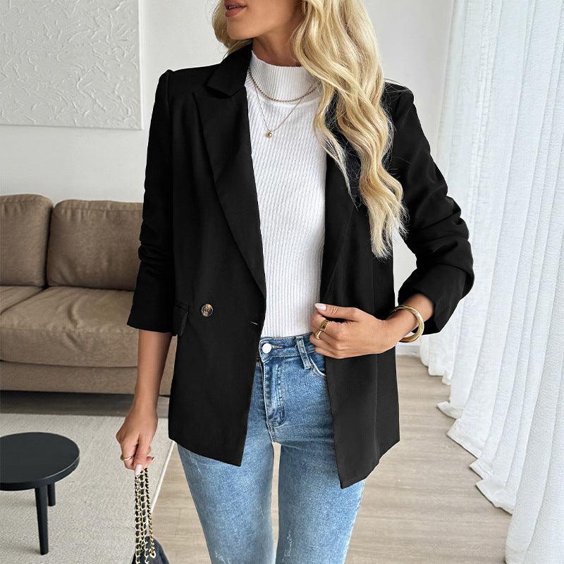 Women Figure-flattering Long Blazer with inset button, rolled sleeves and flap pockets Chichicherry