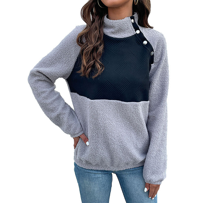 Women's Cozy Teddy Fleece Sweater with Quilted Chest Panel, Stand Collar and Snap Button Placket Chichicherry