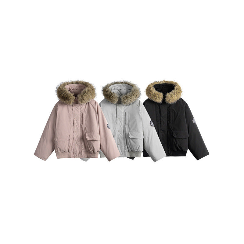 Women's short bomber jacket with thermal padding, hood with removable faux fur and utility pockets Chichicherry