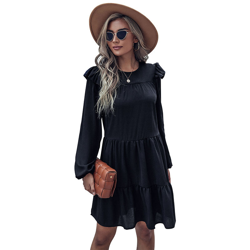 Women's Tiered Mini Dress with Ruffled Shoulders and Long Sleeve Chichicherry