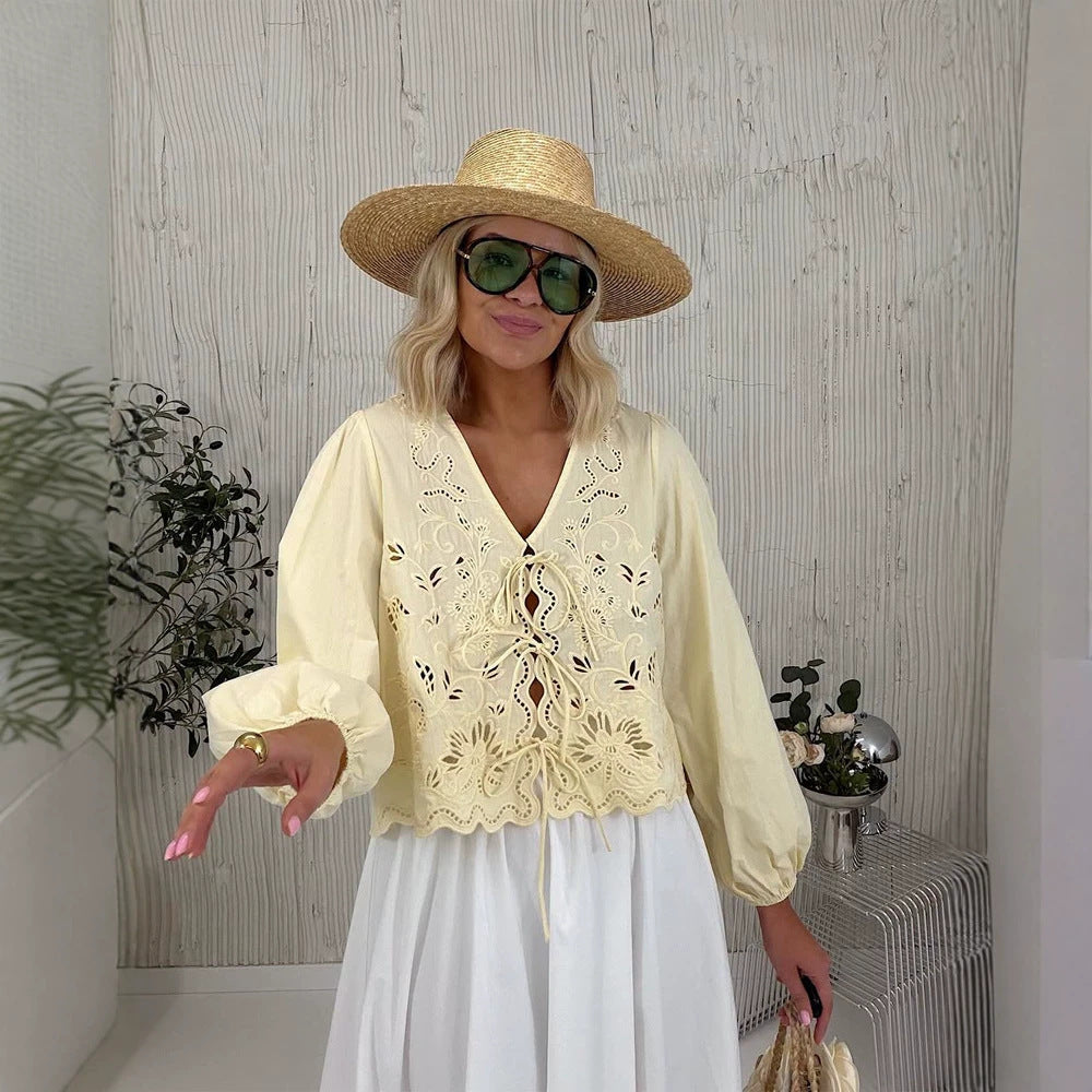 Women's Light Embroidery Anglaise Lace Blouse with V-Neck, Ties and Balloon Sleeves Chichicherry