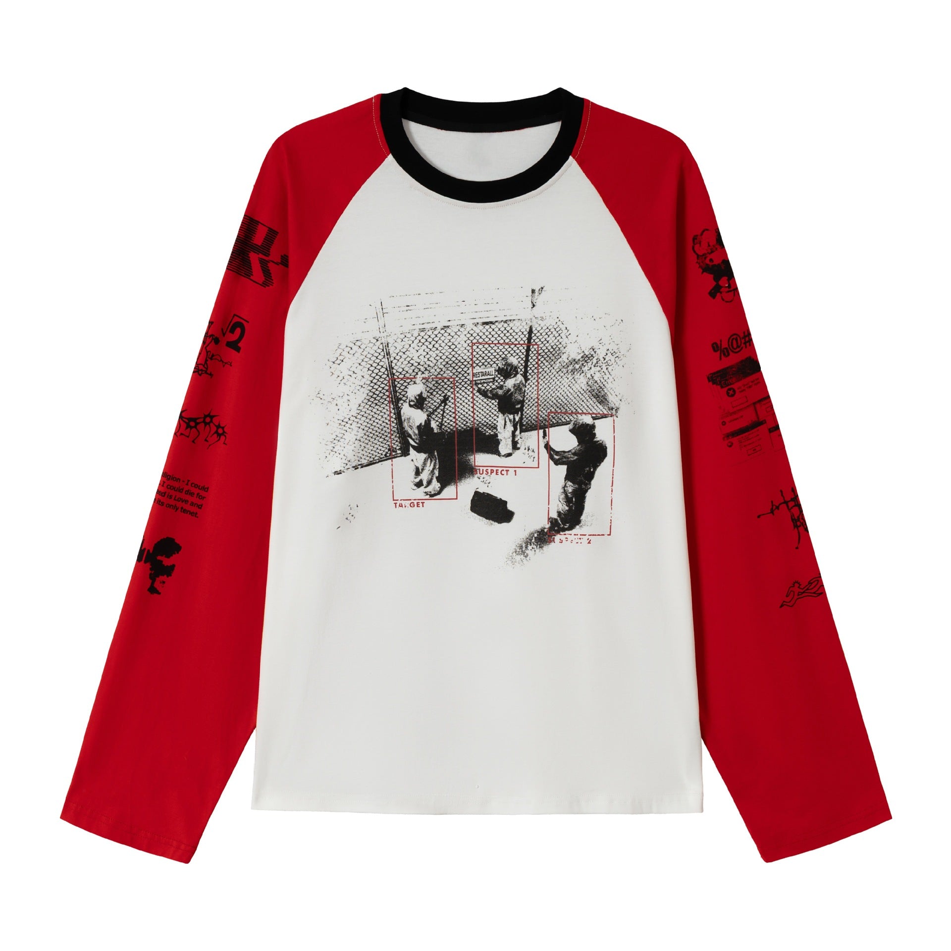 Unisex Long Sleeve Raglan Shirt with Graphic Print and Contrasting Crew Neck Chichicherry