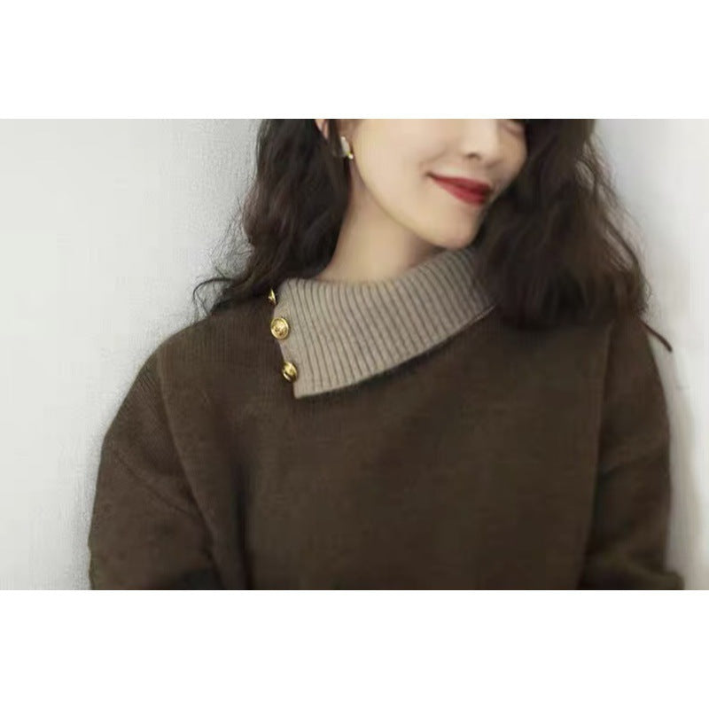 Women's Short-Cut Sweater with Asymmetrical Button Mock Neck and Balloon Sleeves Chichicherry