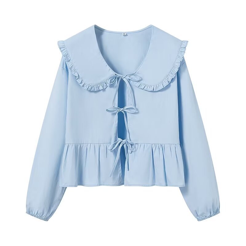 Women's Ruffled Cropped Blouse with Oversized Collar, Ties and Fitted Peplum Chichicherry