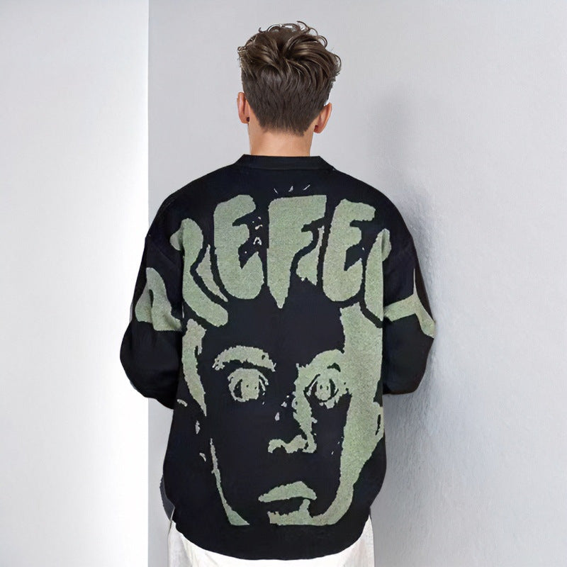 Herren Oversized Grafik‑Intarsienpullover mit tiefem Rückmotiv und Rundhalsausschnitt Chichicherry