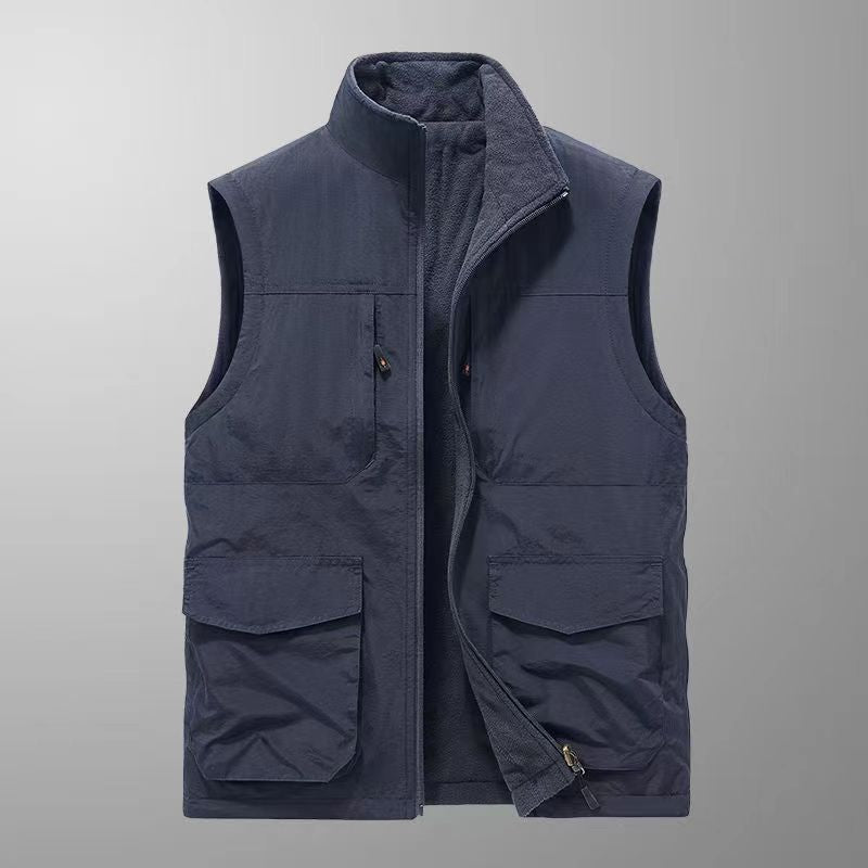 Men's robust canvas utility vest with multifunctional outer pockets and high stand-up collar Chichicherry