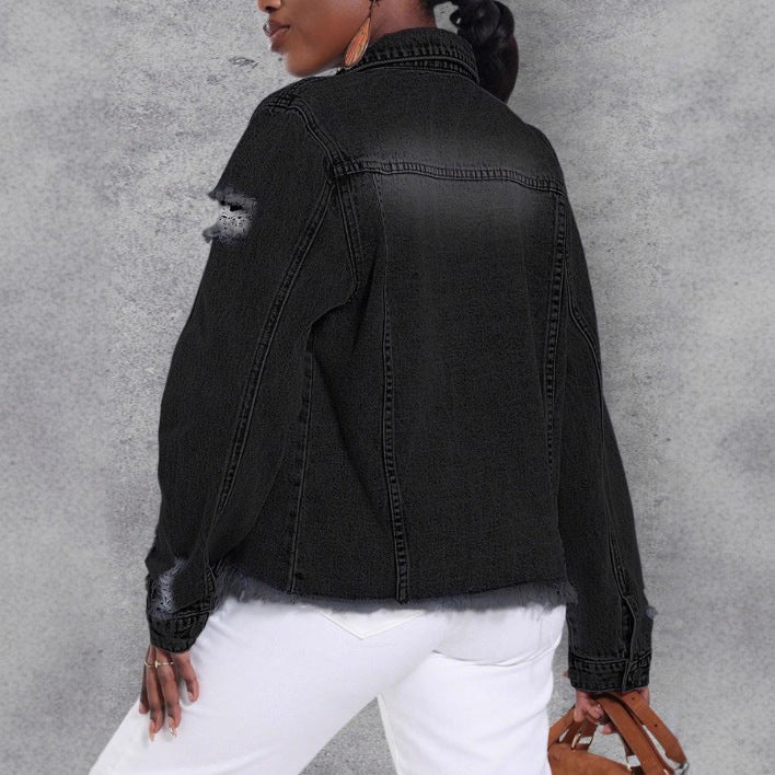 Women's Distressed Denim Jacket with Frayed Hem and Relaxed Fit Chichicherry