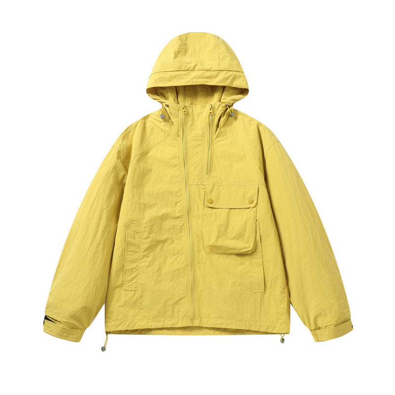 Unisex Lightweight Hooded Transition Jacket with Large Flap Pocket Detail and Drawstring Chichicherry