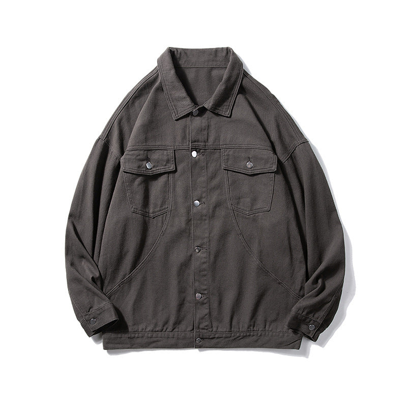 Men's Oversized Canvas Utility Jacket with Snap Front, Patch Chest Pockets, and Raglan Sleeves Chichicherry
