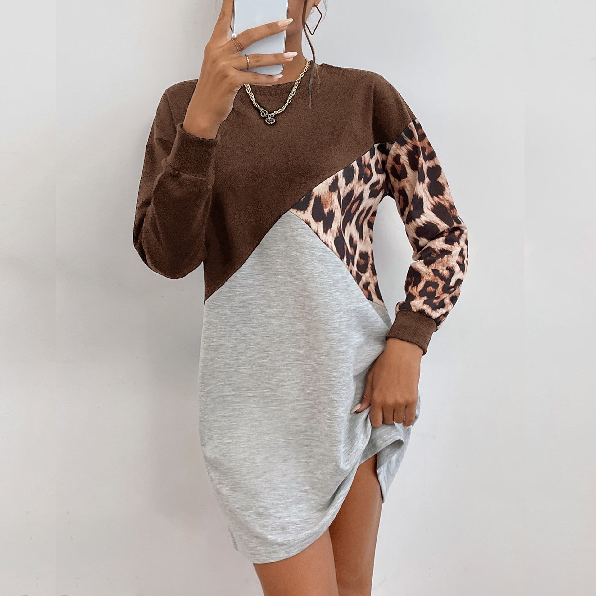 Ladies Oversized Sweat Dress with Color Block Design and Leopard Sleeves Chichicherry