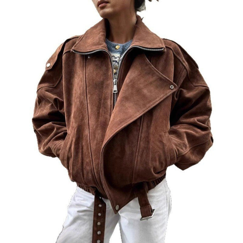 Women's Oversized Suede Blouson with Asymmetrical Zipper and Waistbelt Chichicherry