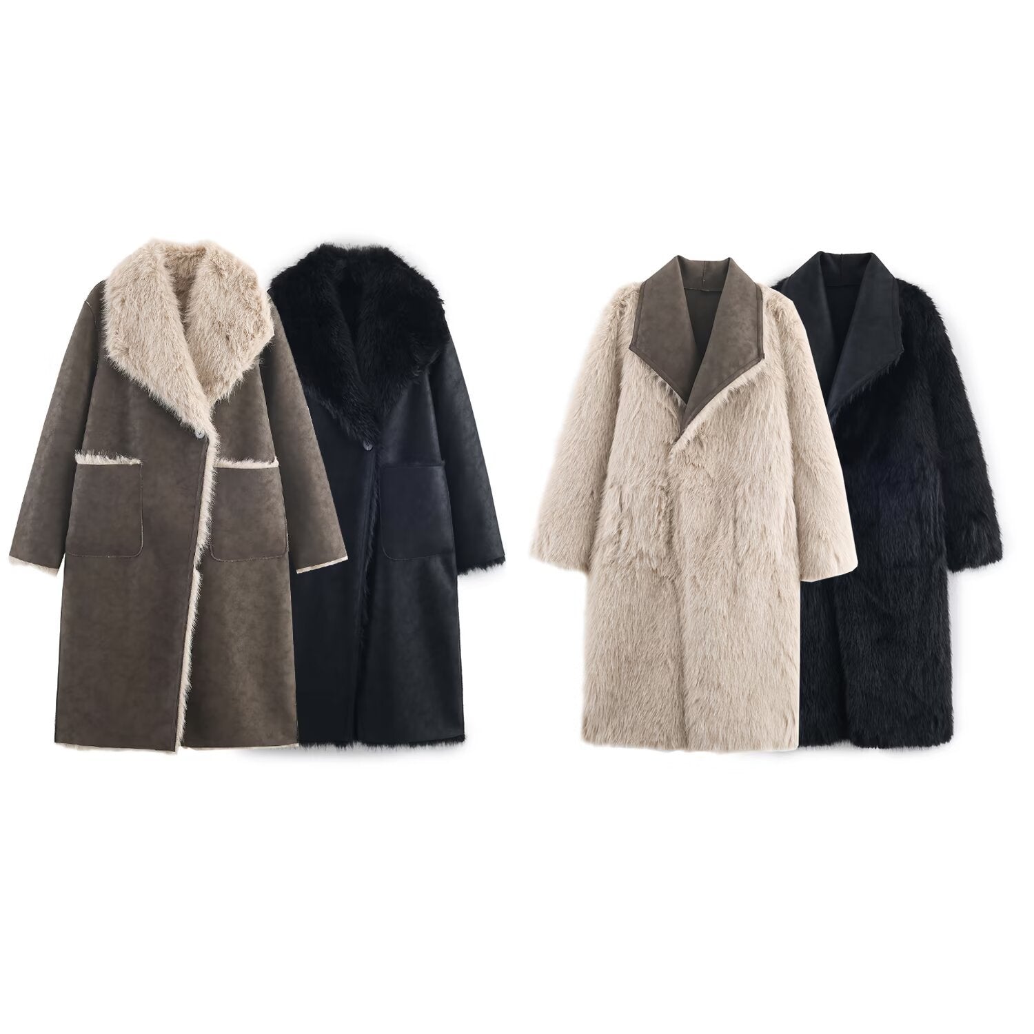 Women Longer Reversible Faux Fur Coat with Oversized Shawl Collar and Patch Pockets Chichicherry