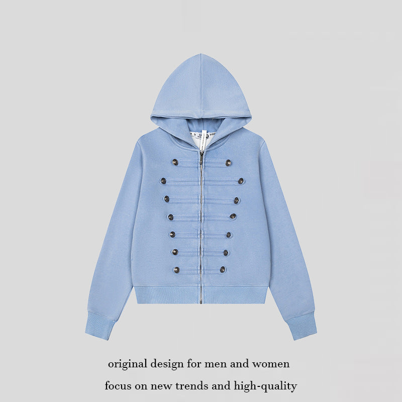 Women’s Hooded Sweat Jacket with Military Button Decoration and Full-Length Zipper Chichicherry