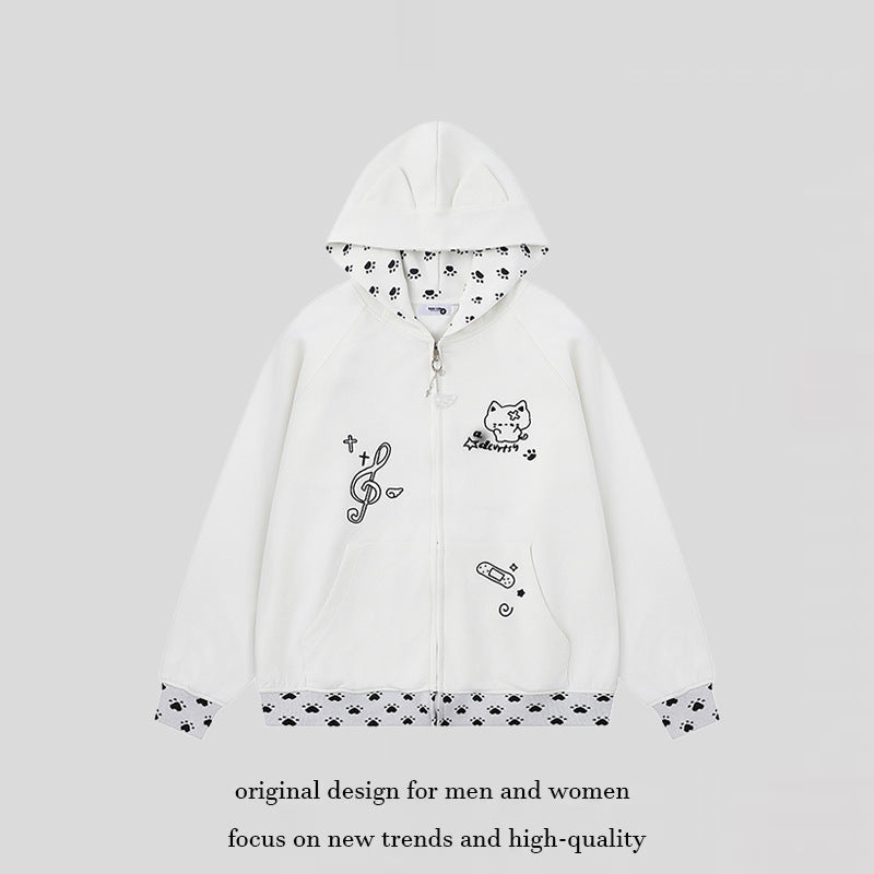 Women's hoodie with zipper in casual kawaii style, contrast hood, comic prints and ribbed cuffs Chichicherry