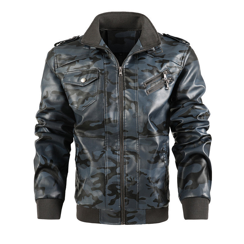 Men's Camouflage Faux Leather Pilot Style Bomber Jacket with Ribbed Cuffs and Zipper Pockets Chichicherry