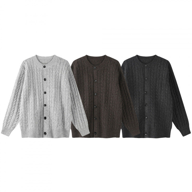 Women's Chunky Knit Cable Knit Cardigan with Button Placket and Round Neck Chichicherry