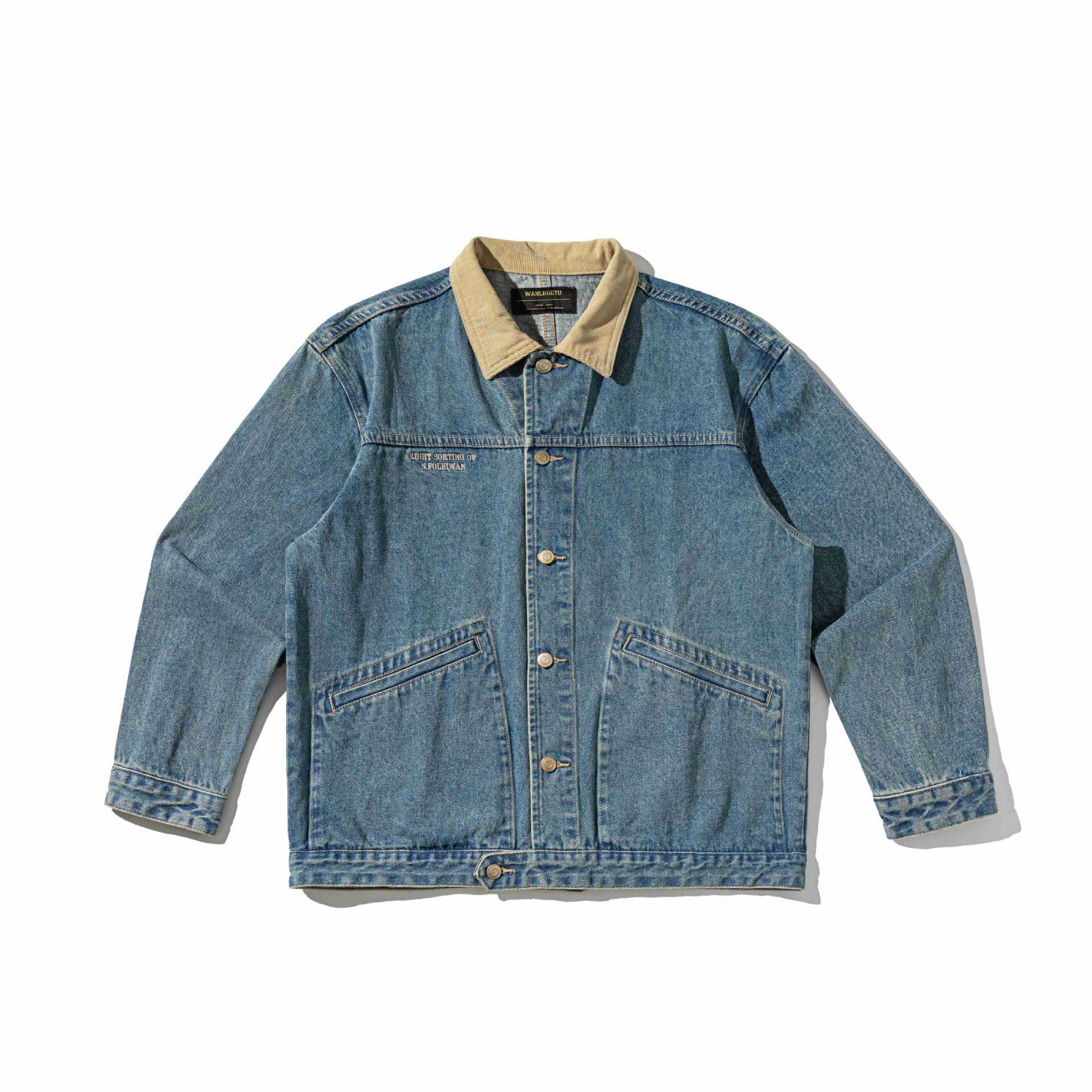 Unisex Boxy Denim Blouson Jacket with Cord Collar and Utility Pockets Chichicherry