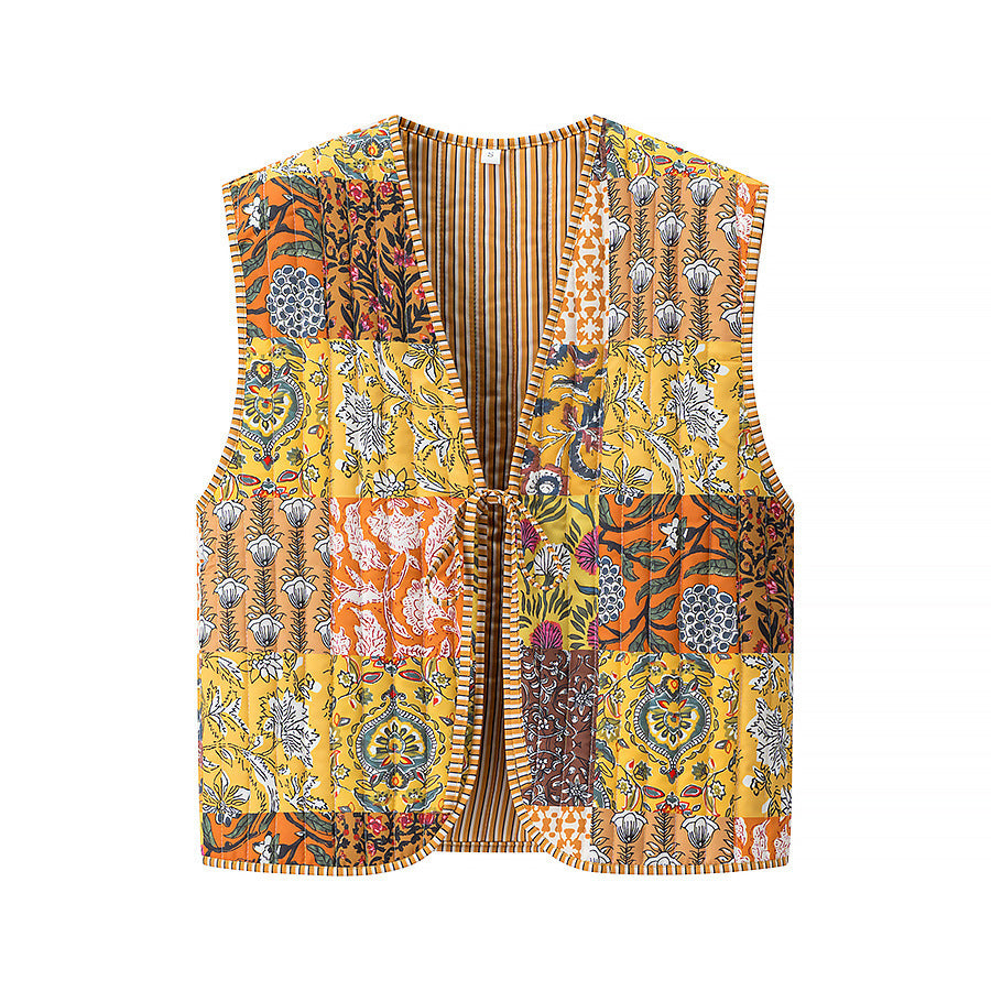 Women's Quilted Vest with Ties, diamond quilting and striped design Chichicherry