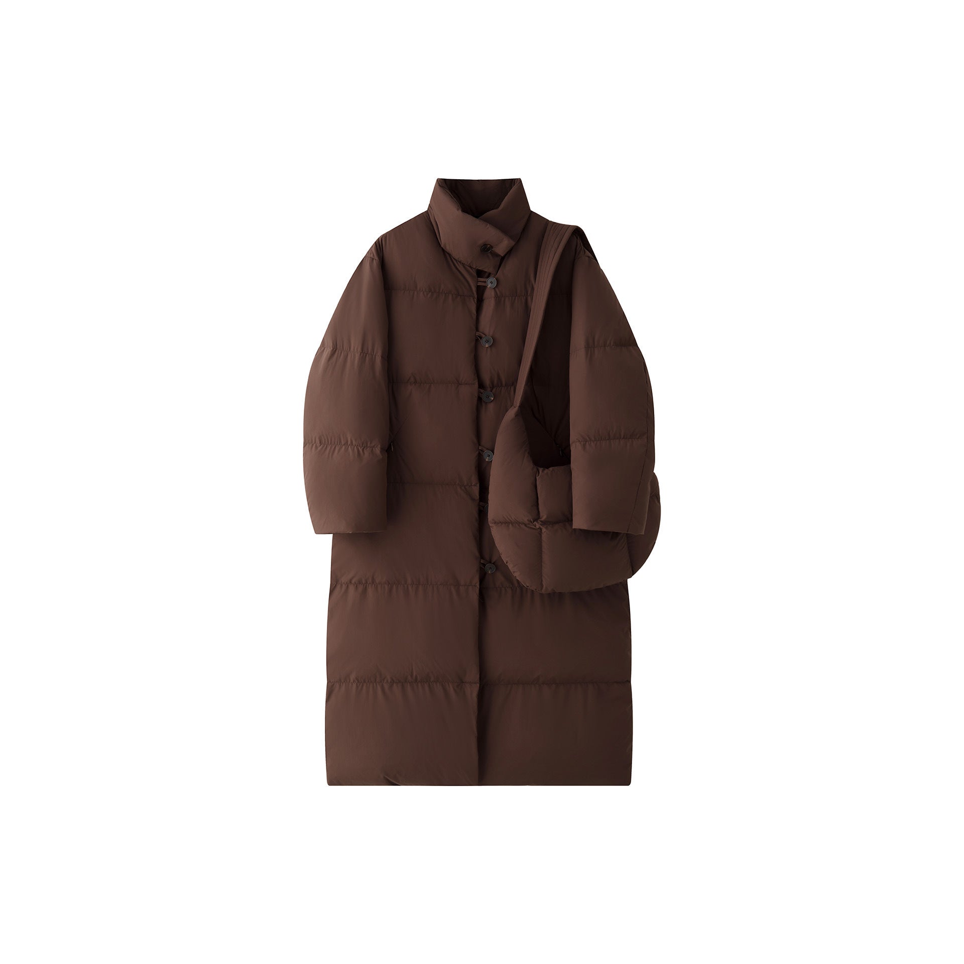 Women's Longer Quilted Down Look Coat with High Stand-Up Collar and Button Toggle Closure Chichicherry