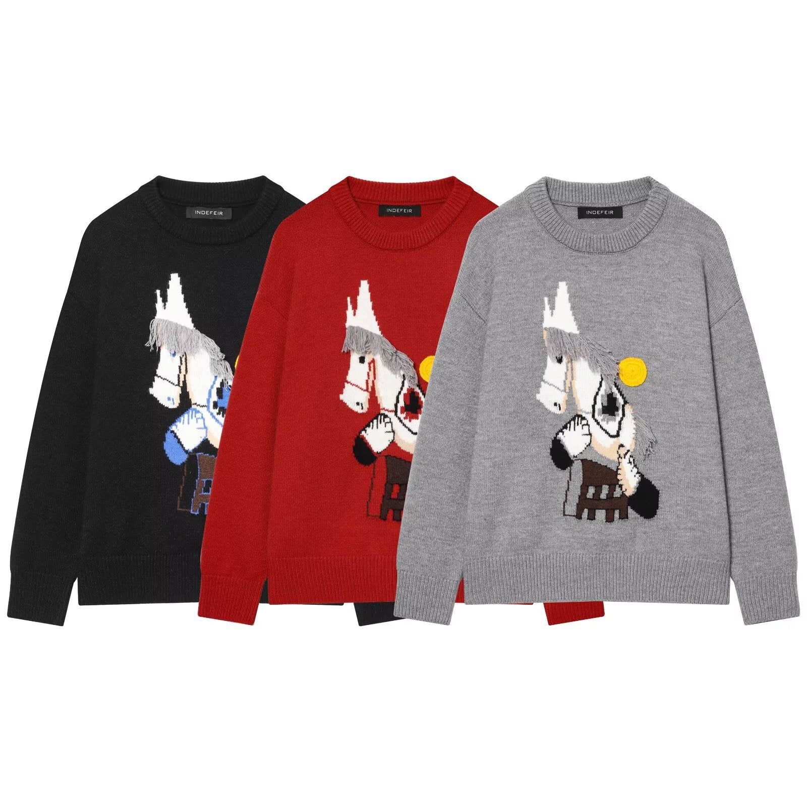 Women's knitted sweater with horse motif and fringe appliqué, oversized round neck Chichicherry