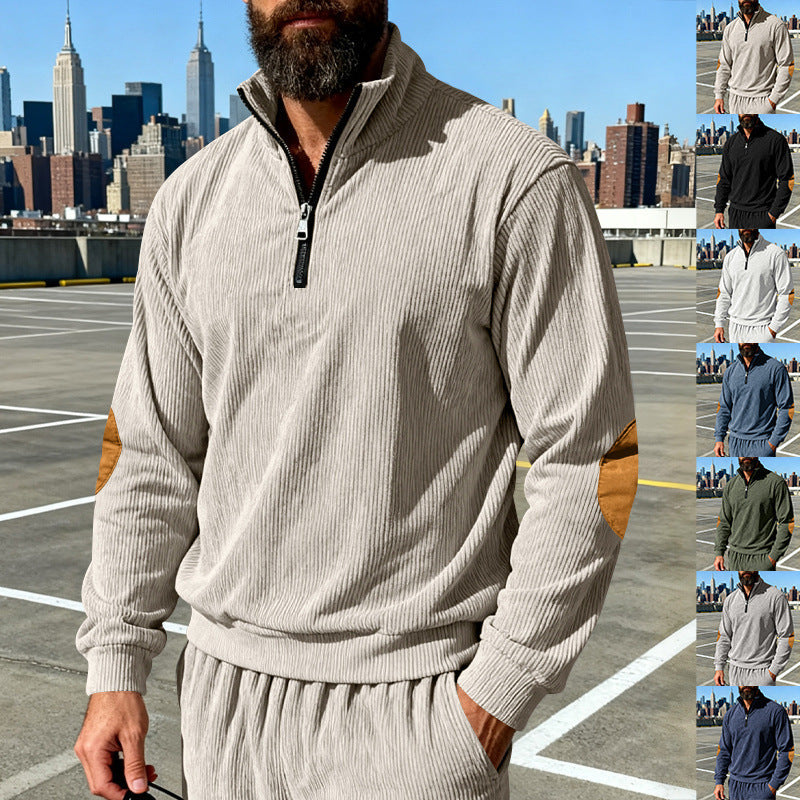 Men's cord structure half-zip pullover in relaxed fit with stand-up collar and elbow patch Chichicherry