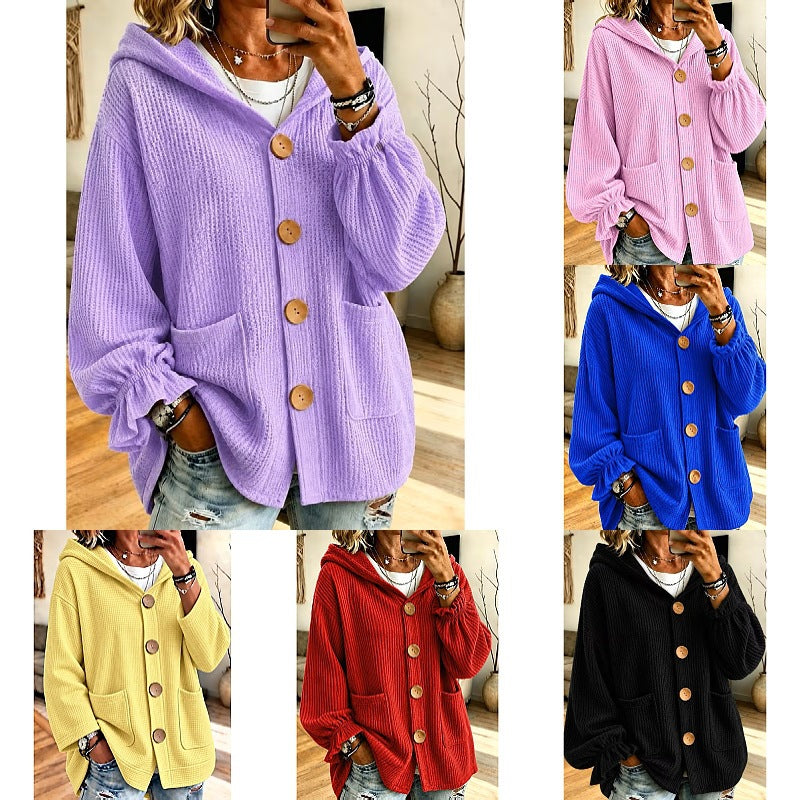 Women's Oversized Hooded Cardigan with Waffle Texture and Wooden Buttons Chichicherry