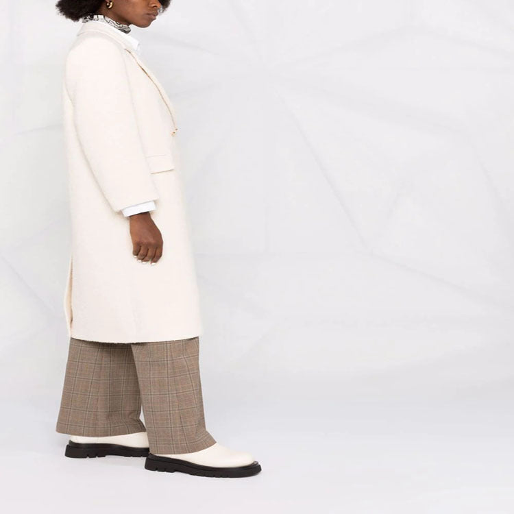 Women Mid-length Tailored Wool Blend Coat with Double Breasted, Patch Pockets and Subtle Decorative Buttons Chichicherry
