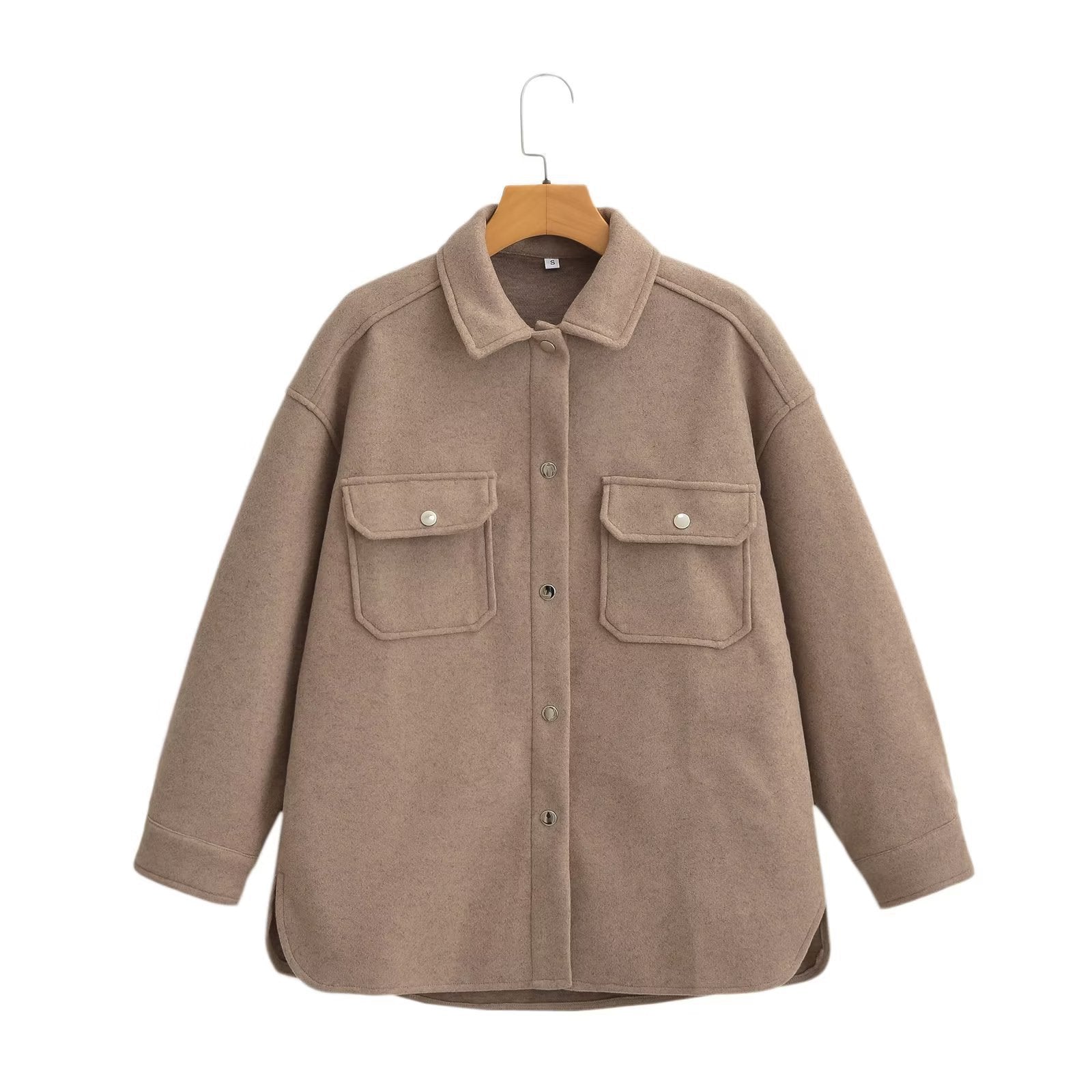 Women Oversize Wool Blend Shacket with Snap Button Front and Patch Pockets Chichicherry