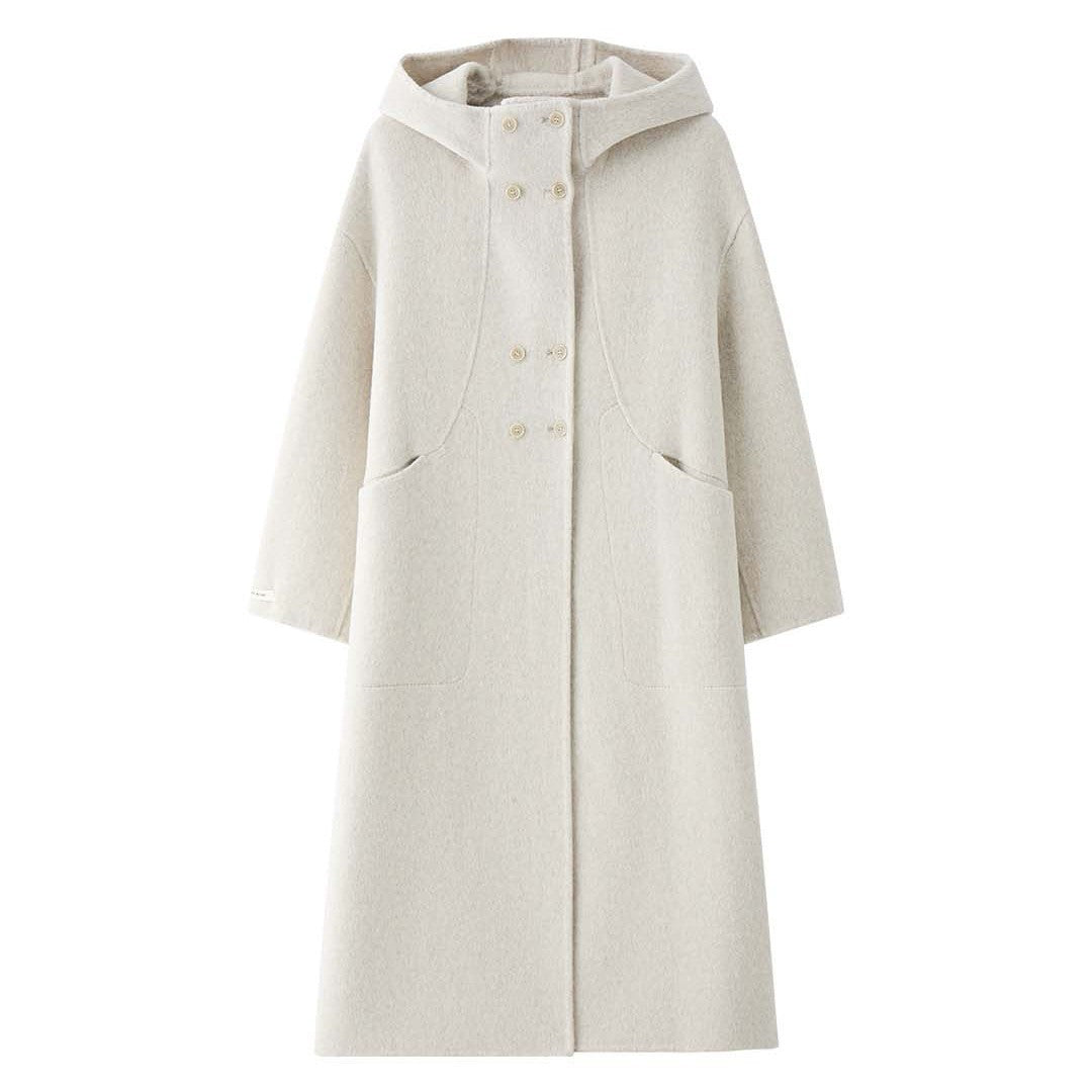 Women's Oversized Double-Breasted Wool Coat with Hood and Stand-Up Collar Chichicherry