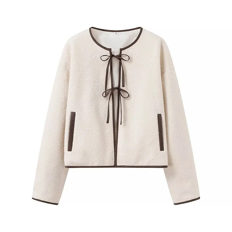 Women Short Cut Teddy Jacket with Band Closure and Contrast Piping Chichicherry
