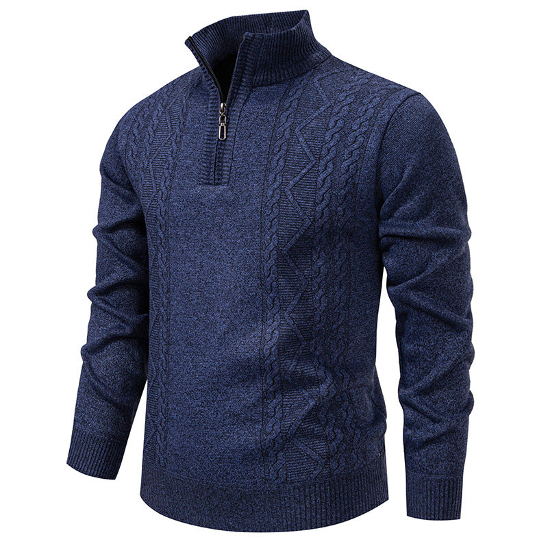 Men's Half-Zip Knit Sweater with Cable Pattern and Stand-up Collar Chichicherry