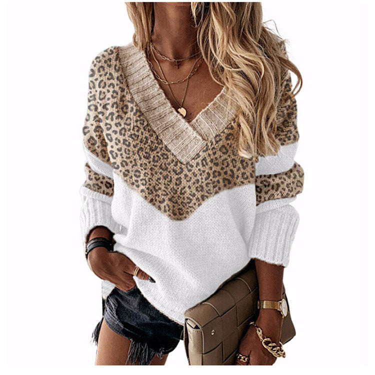 Women's V-neck knitted sweater with leopard print and color block design Chichicherry