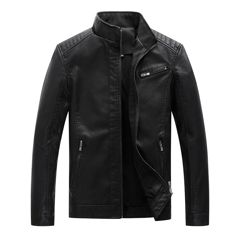 Men's Slim-Fit Leather Look Moto Jacket with Stand-Up Collar and Zipper Pockets Chichicherry