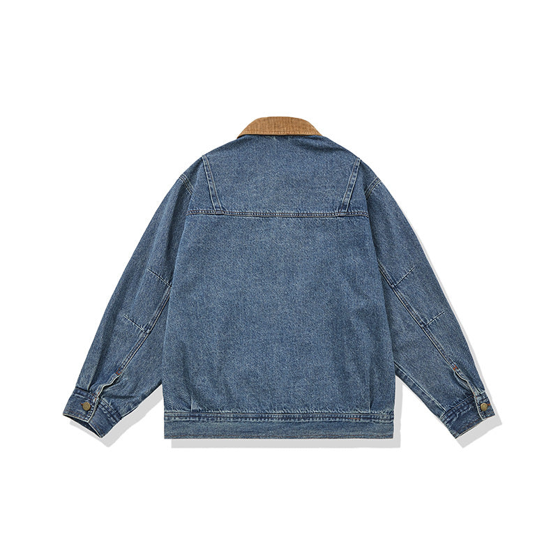 Men's Boxy Denim Blouson Jacket with Cord Collar and Multi-Function Flap Pockets Chichicherry