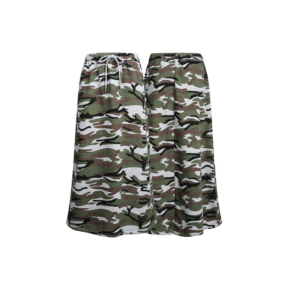Women's midi skirt in camouflage style with elastic waistband and drawstring